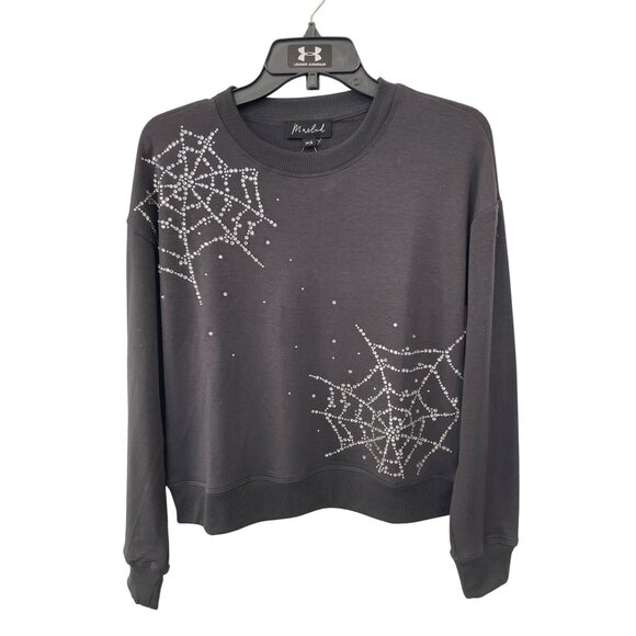 Marled Spiderweb Rhinestone Sweatshirt Size XS Crewneck Dark Gray Halloween NEW - Picture 1 of 7